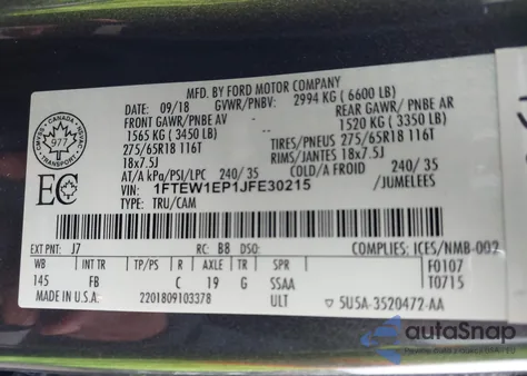 2018 Ford F-150 Xlt из США, поврежденный, VIN 1FTEW1EP1JFE30215